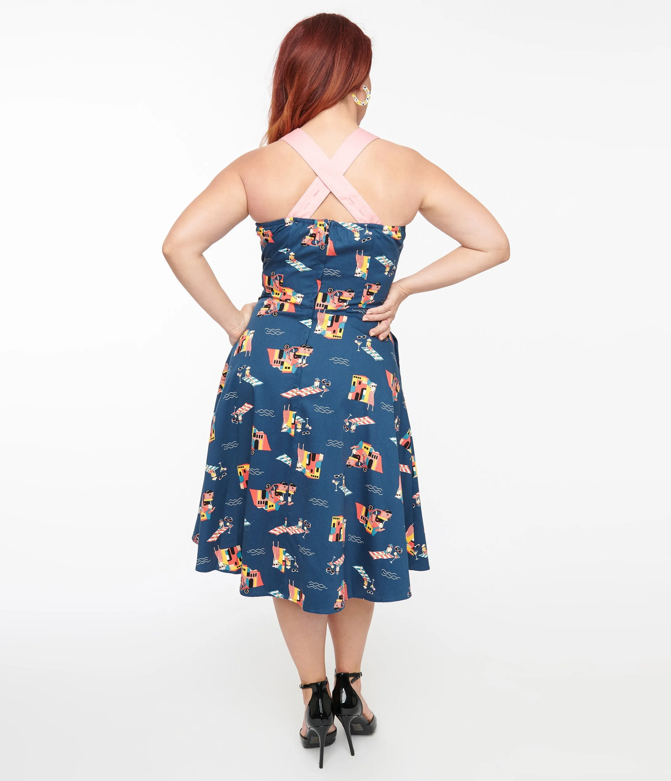 1950s Blue Cotton Portofino Living Print Swing Dress