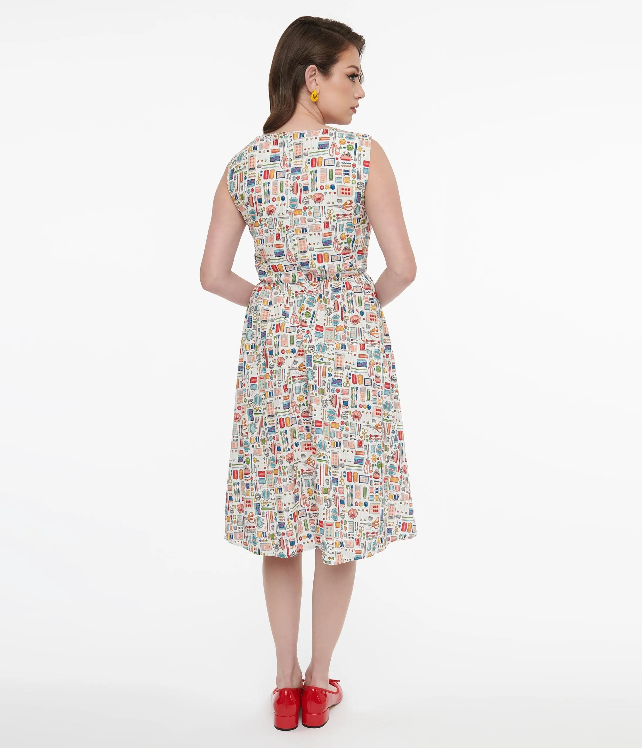 1950s White Sewing Print Cotton Swing Dress