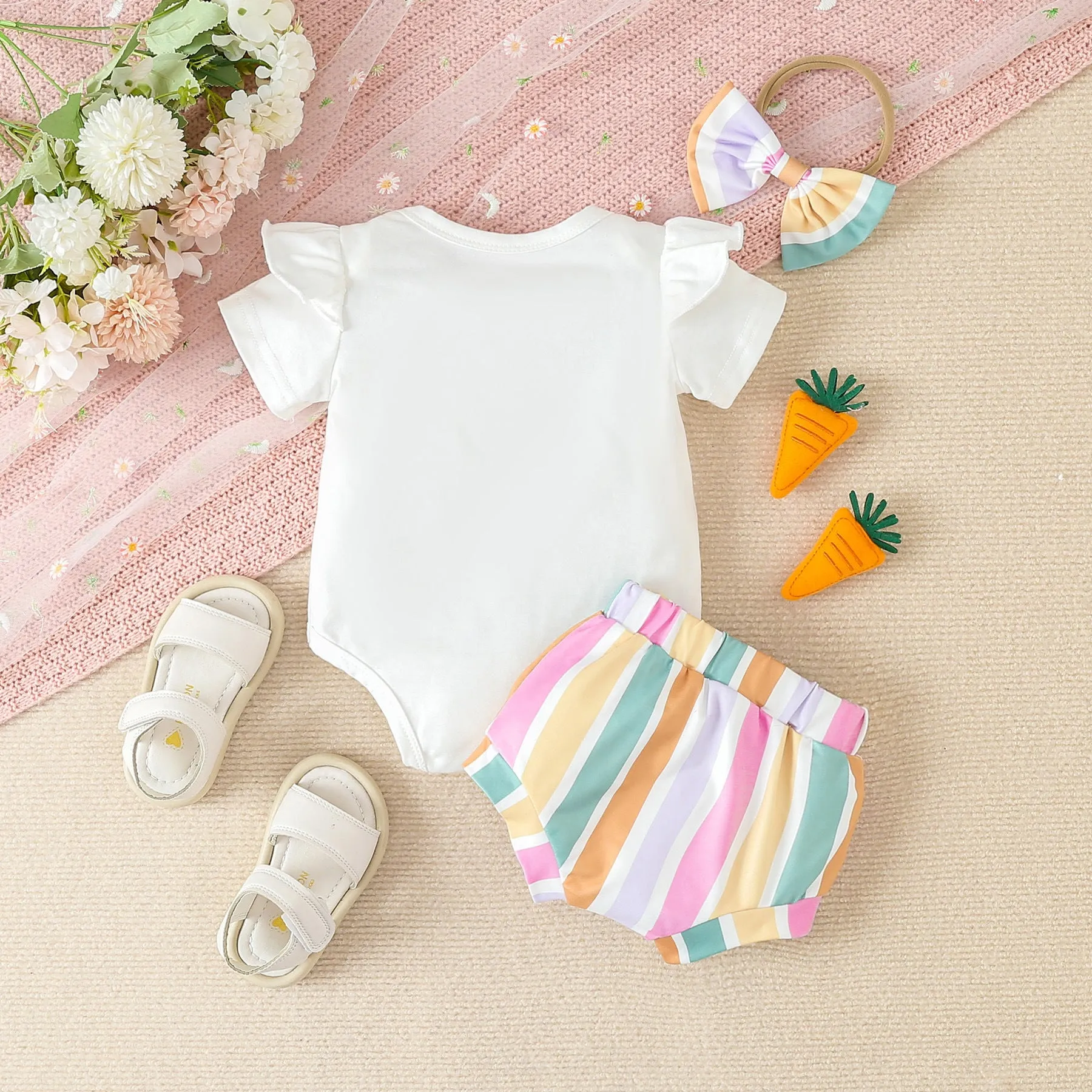 2 Pieces Set Baby Girls Easter Letters Rompers And Color-blocking Shorts Wholesale 24030166