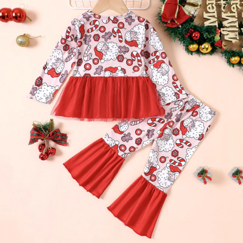 2 Pieces Set Baby Kid Girls Christmas Color-blocking Cartoon Print Tops And Pants Wholesale 23101533