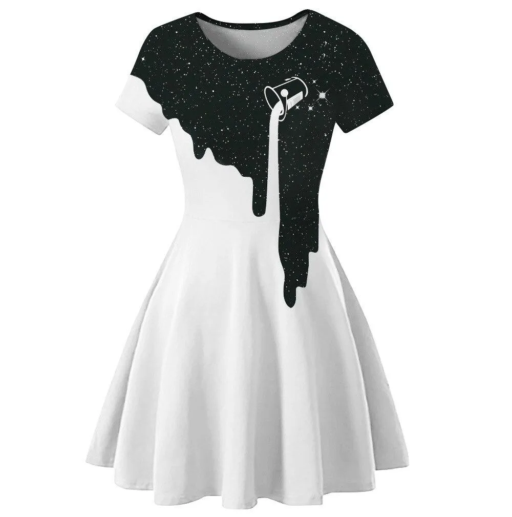 2023 New arrival Women Street Black Dress Fashion 3D Moon Star Print Short Sleeve Female Gothic Punk Dress Harajuku Mini Dresses