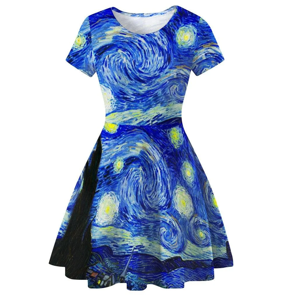 2023 New arrival Women Street Black Dress Fashion 3D Moon Star Print Short Sleeve Female Gothic Punk Dress Harajuku Mini Dresses