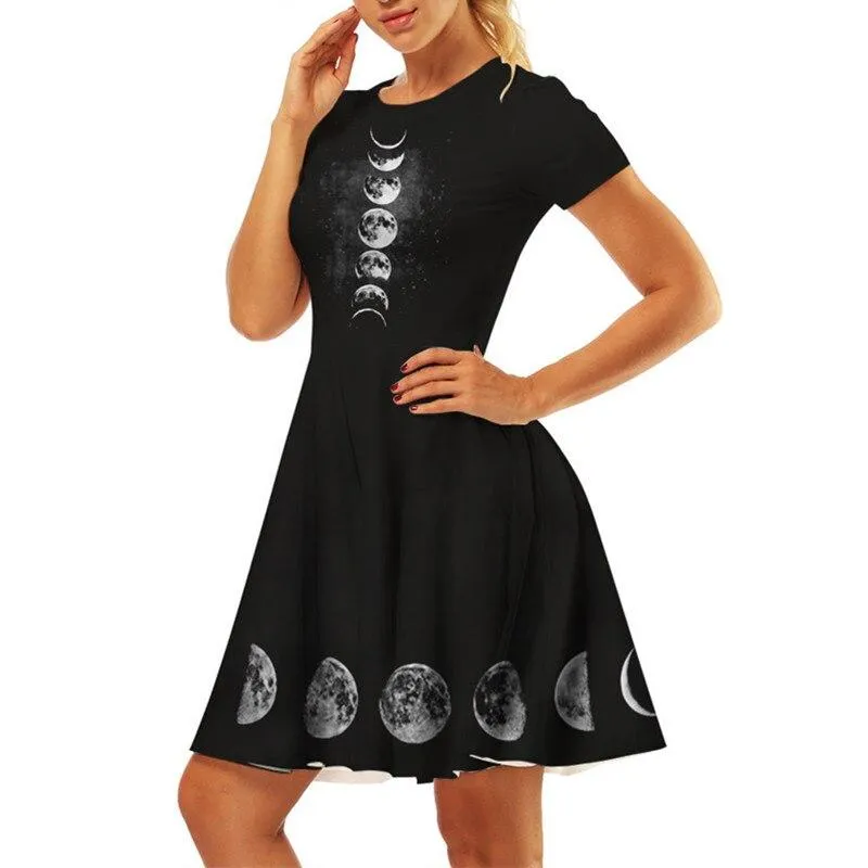 2023 New arrival Women Street Black Dress Fashion 3D Moon Star Print Short Sleeve Female Gothic Punk Dress Harajuku Mini Dresses