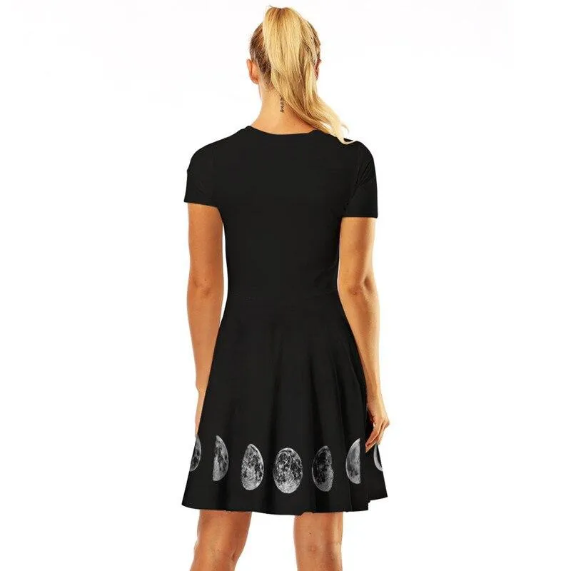 2023 New arrival Women Street Black Dress Fashion 3D Moon Star Print Short Sleeve Female Gothic Punk Dress Harajuku Mini Dresses