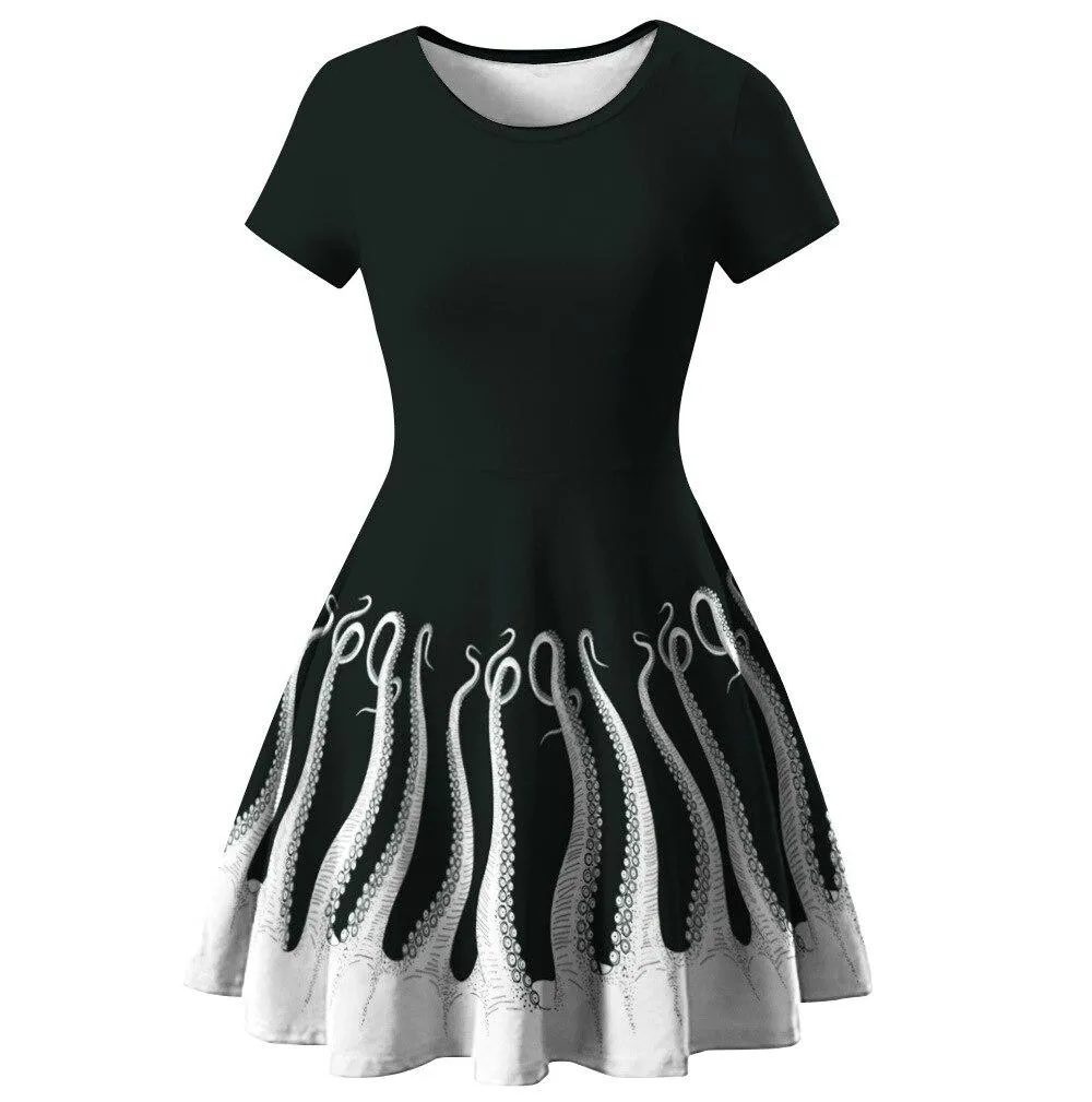 2023 New arrival Women Street Black Dress Fashion 3D Moon Star Print Short Sleeve Female Gothic Punk Dress Harajuku Mini Dresses