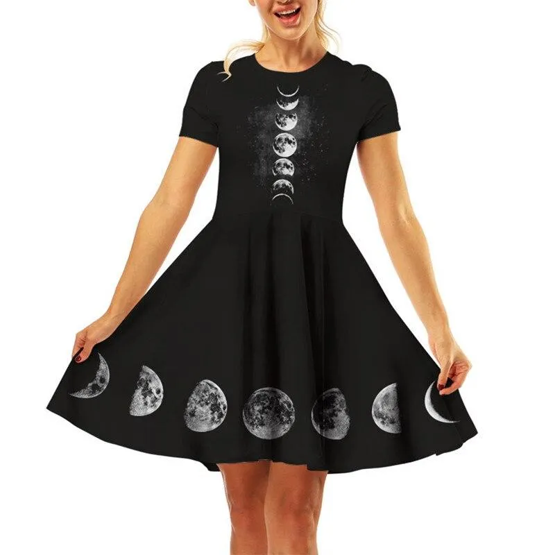 2023 New arrival Women Street Black Dress Fashion 3D Moon Star Print Short Sleeve Female Gothic Punk Dress Harajuku Mini Dresses