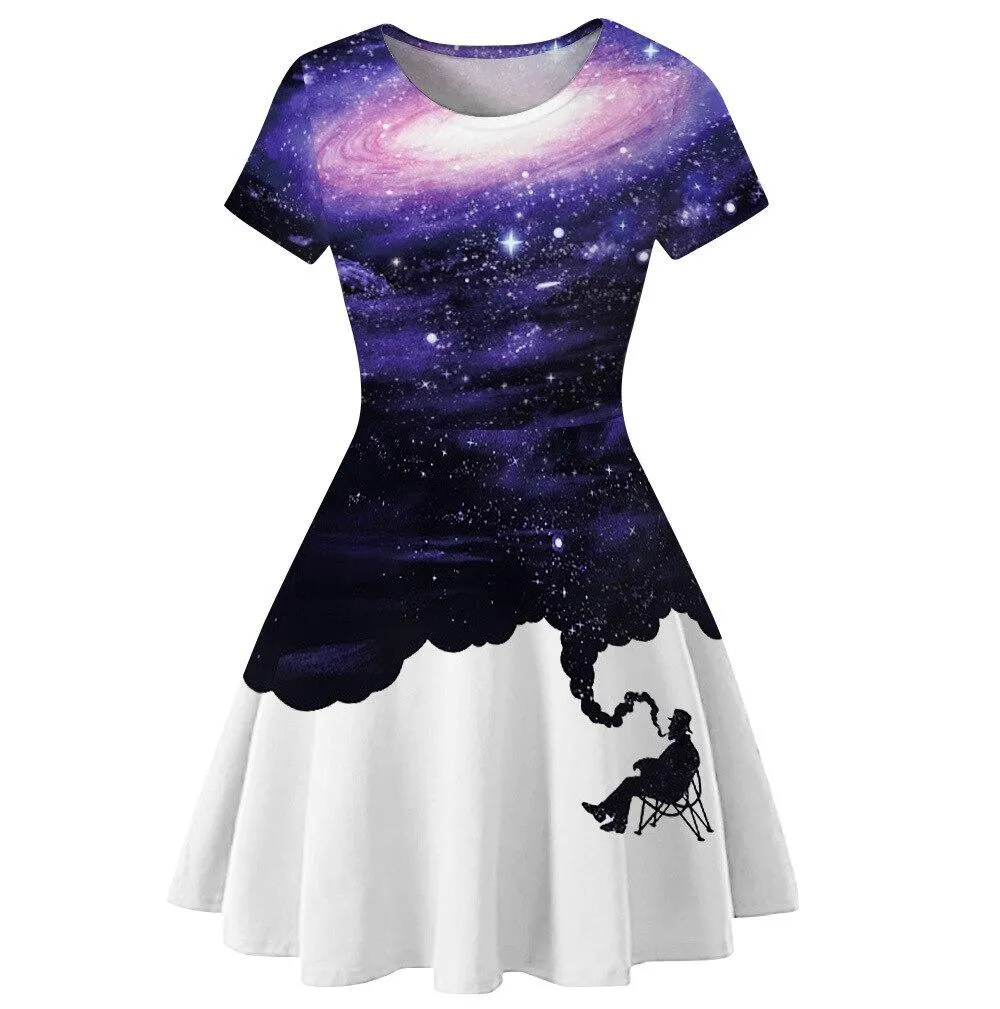 2023 New arrival Women Street Black Dress Fashion 3D Moon Star Print Short Sleeve Female Gothic Punk Dress Harajuku Mini Dresses