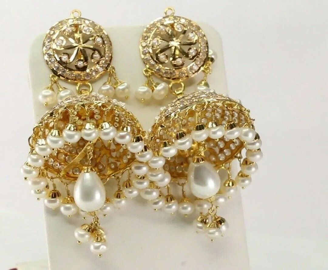 22k 22ct Solid Gold ELEGANT Simple Jhumki Filigree Hoops with Pearl Design E7301