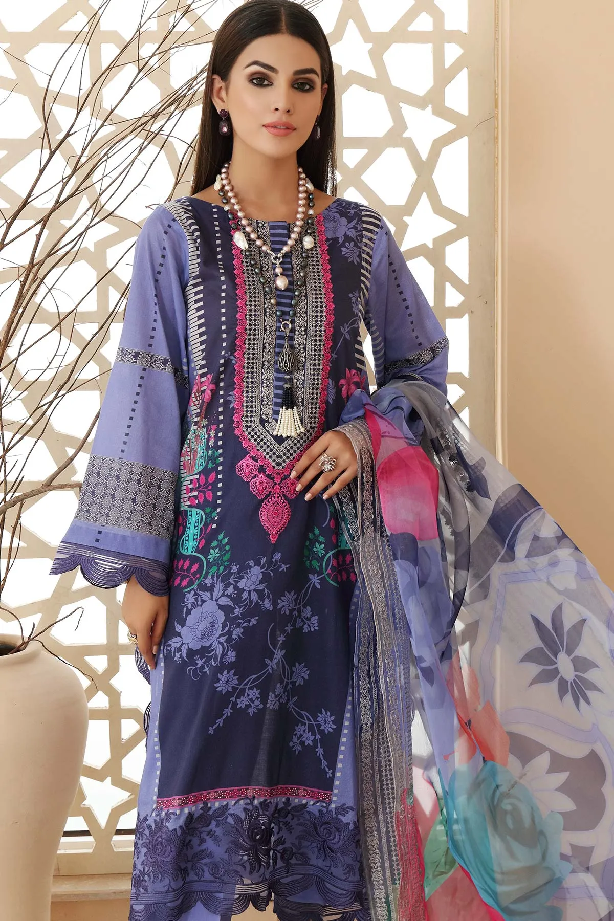 3 Pc Unstitched Embroidered Lawn With Chiffon Dupatta CEL-18