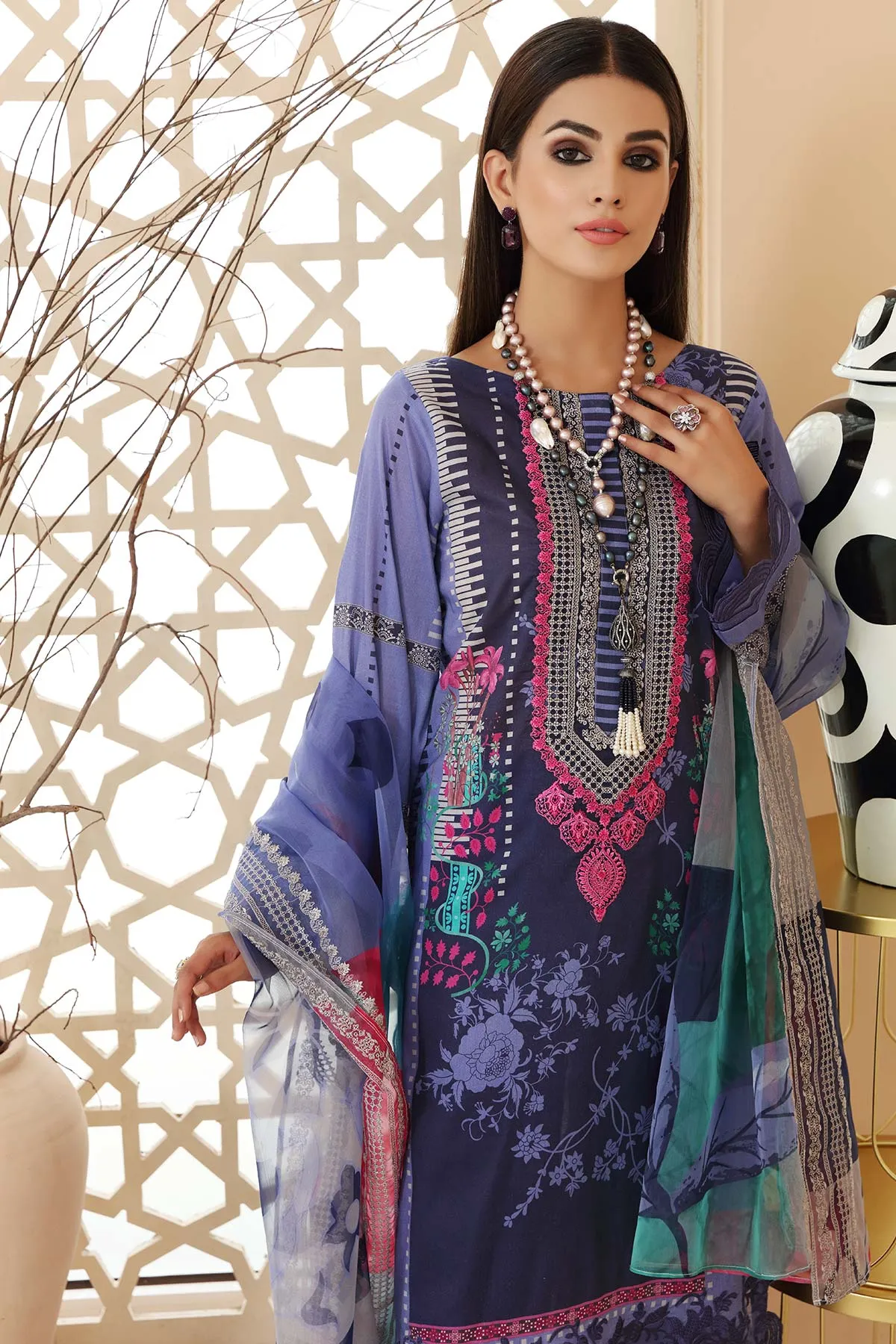 3 Pc Unstitched Embroidered Lawn With Chiffon Dupatta CEL-18