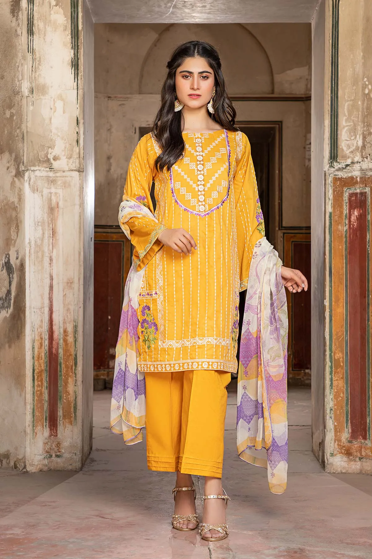 3 Pc Unstitched Embroidered Lawn With Chiffon Dupatta CSL-12