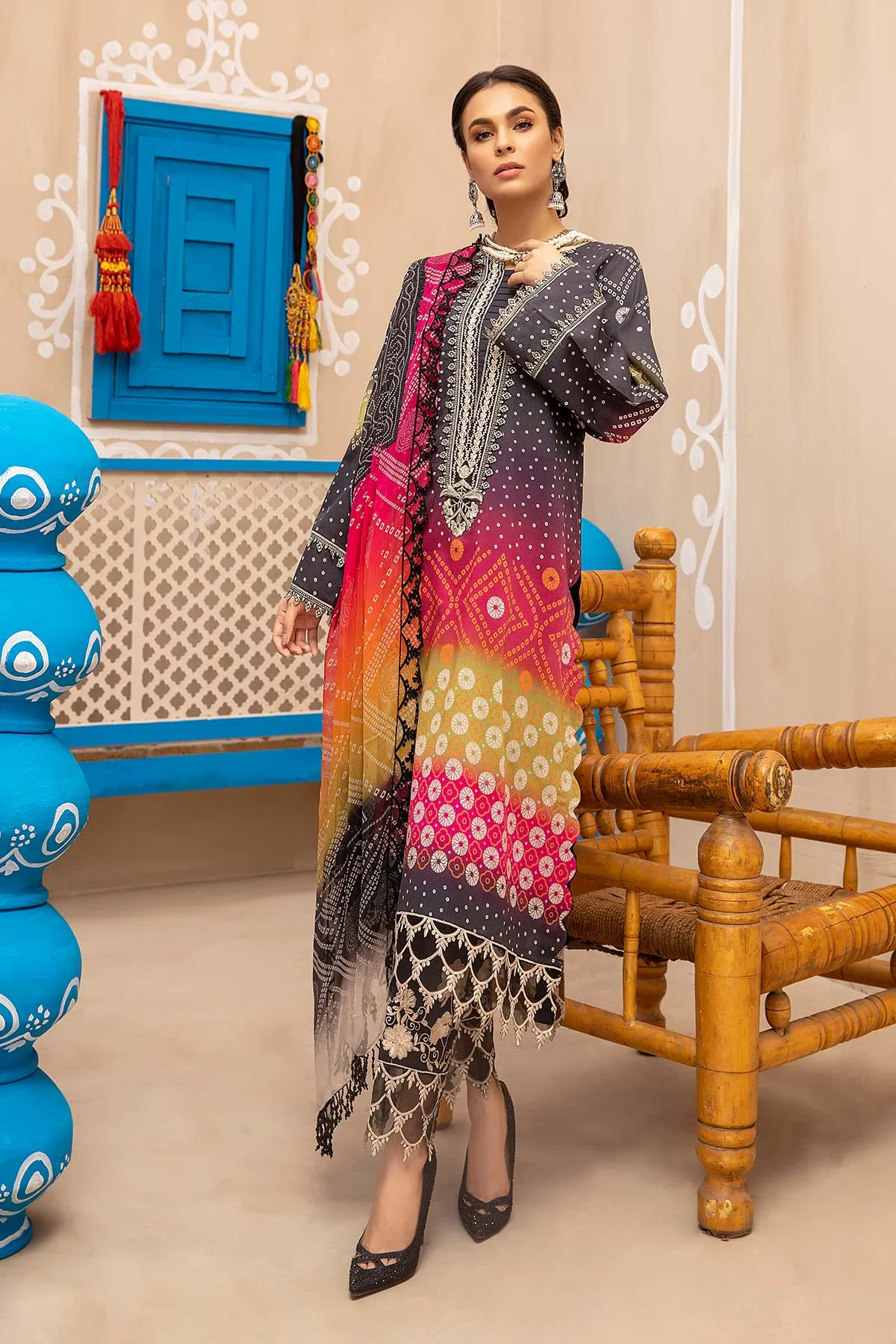 3-piece Unstitched Embroidered Lawn With Chiffon Dupatta CHN-04