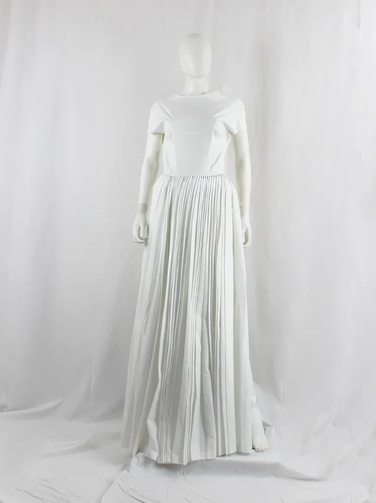 A.F. Vandevorst white maxi dress with pleated front skirt on padding and open back — fall 2015