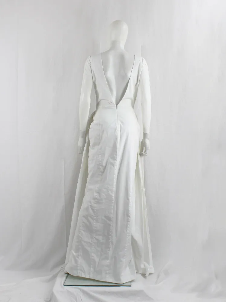 A.F. Vandevorst white maxi dress with pleated front skirt on padding and open back — fall 2015