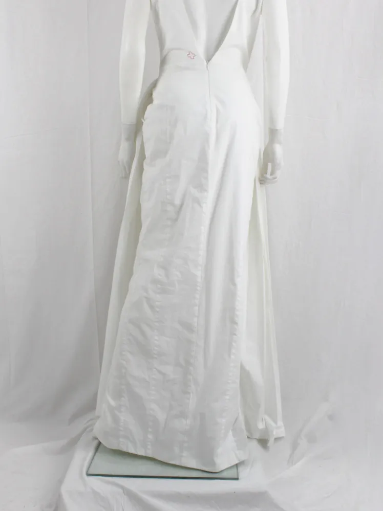 A.F. Vandevorst white maxi dress with pleated front skirt on padding and open back — fall 2015