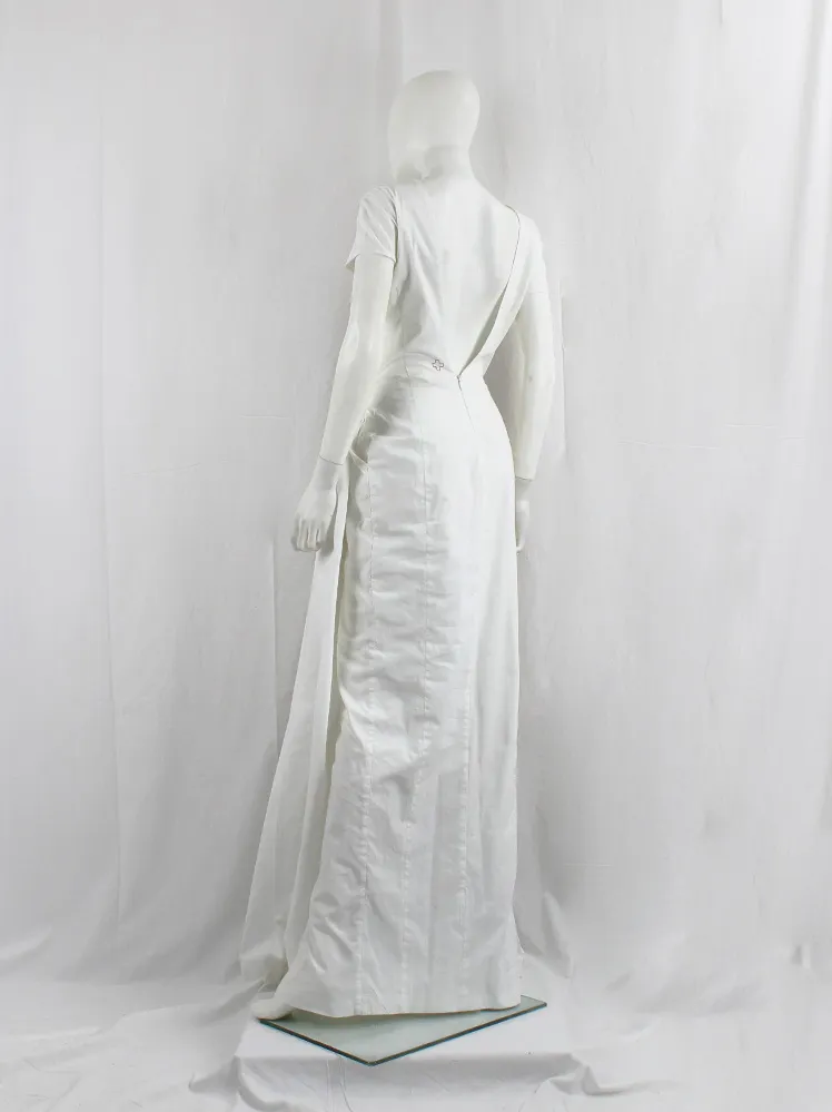 A.F. Vandevorst white maxi dress with pleated front skirt on padding and open back — fall 2015