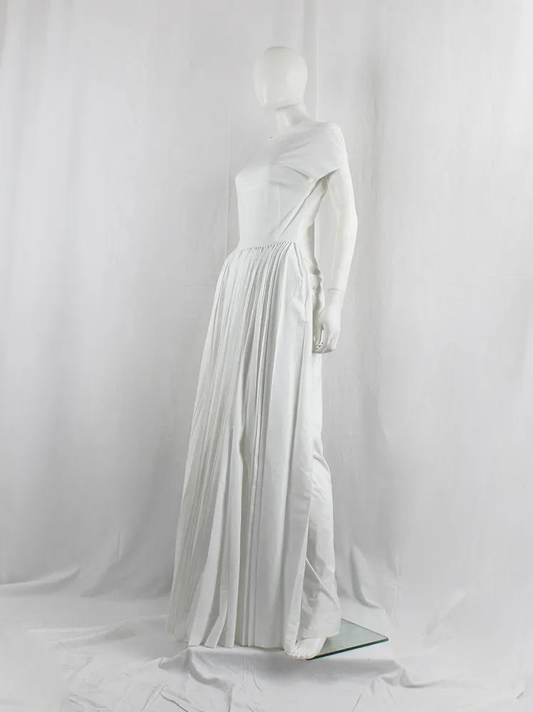 A.F. Vandevorst white maxi dress with pleated front skirt on padding and open back — fall 2015