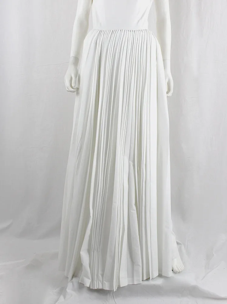 A.F. Vandevorst white maxi dress with pleated front skirt on padding and open back — fall 2015