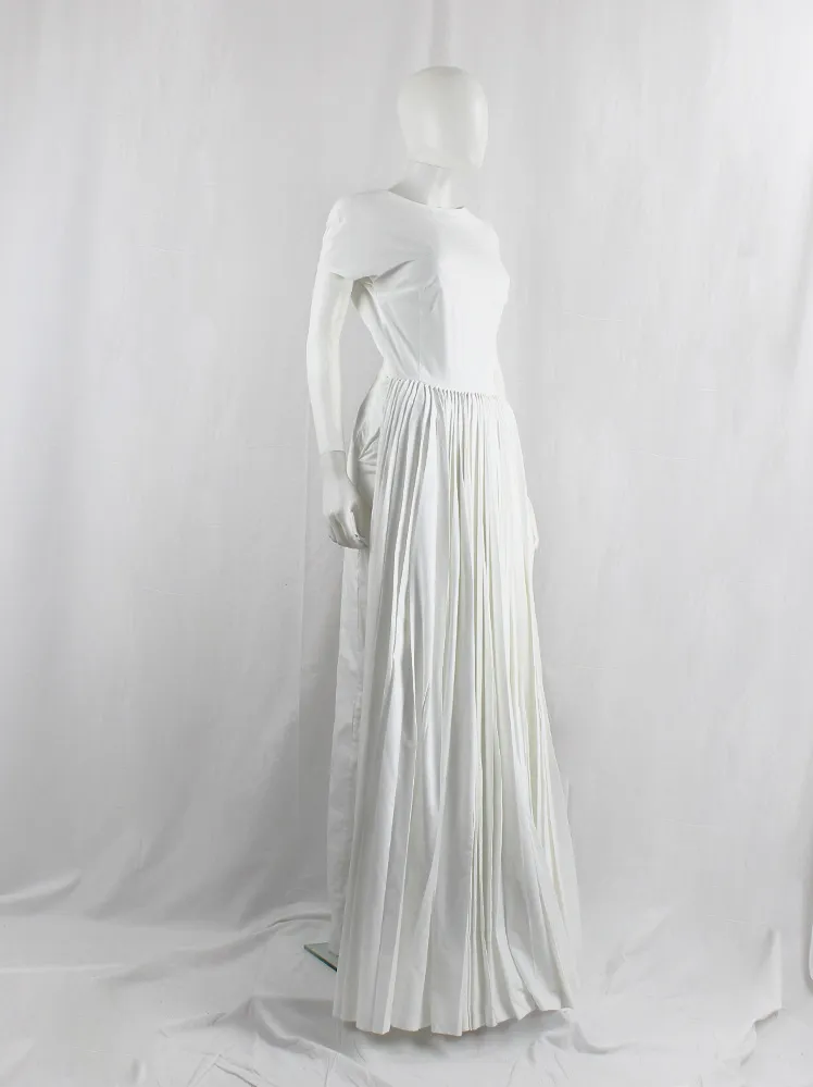 A.F. Vandevorst white maxi dress with pleated front skirt on padding and open back — fall 2015