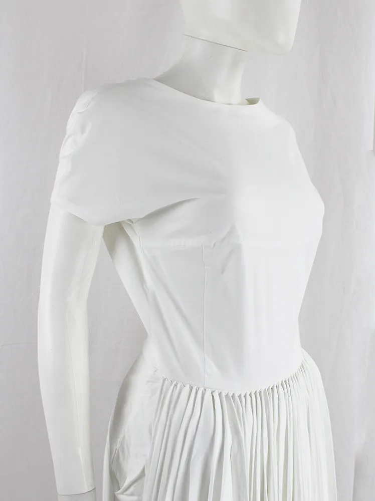 A.F. Vandevorst white maxi dress with pleated front skirt on padding and open back — fall 2015