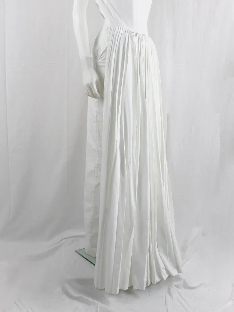 A.F. Vandevorst white maxi dress with pleated front skirt on padding and open back — fall 2015