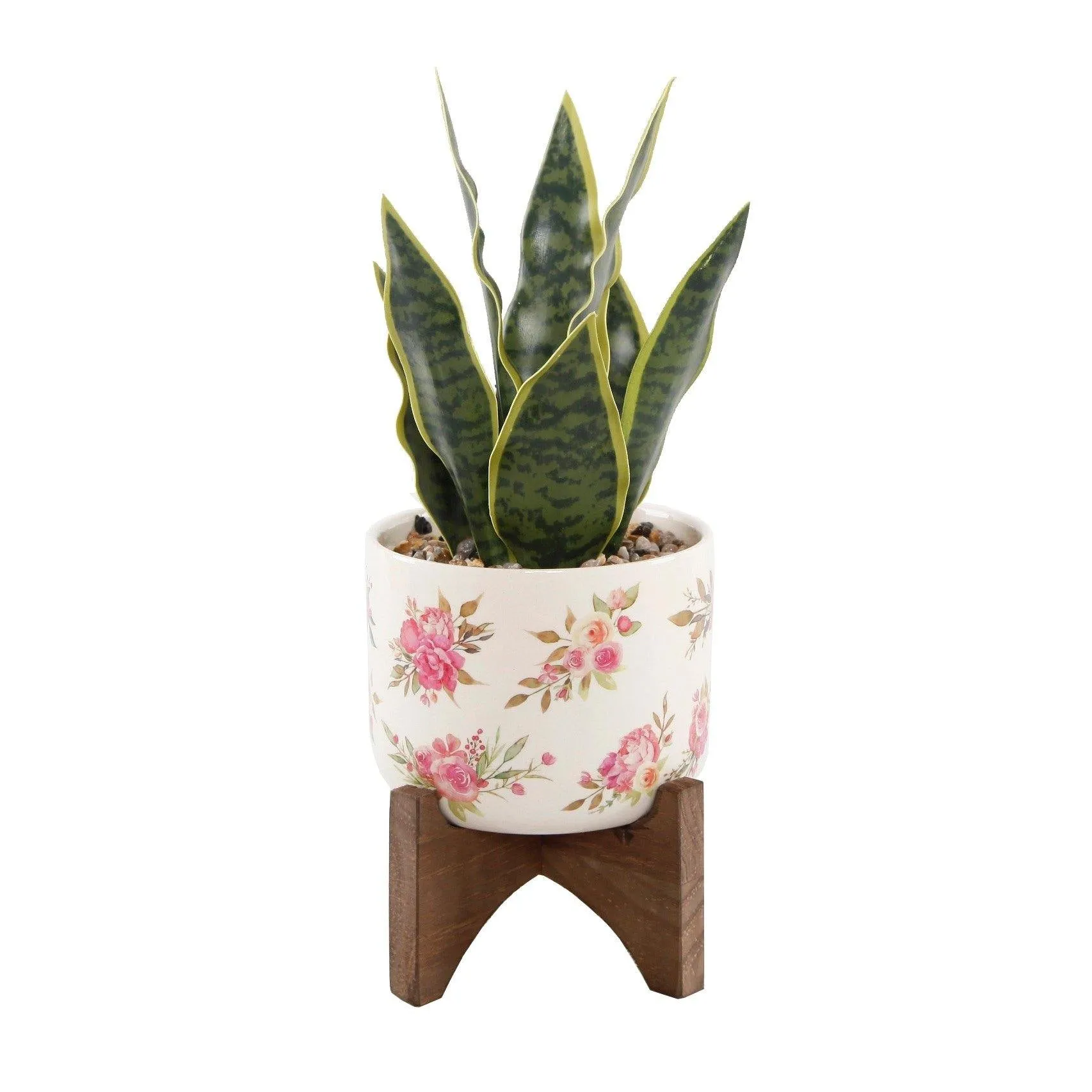 Artificial Snake Plant in Floral Ceramic on Wood Stand