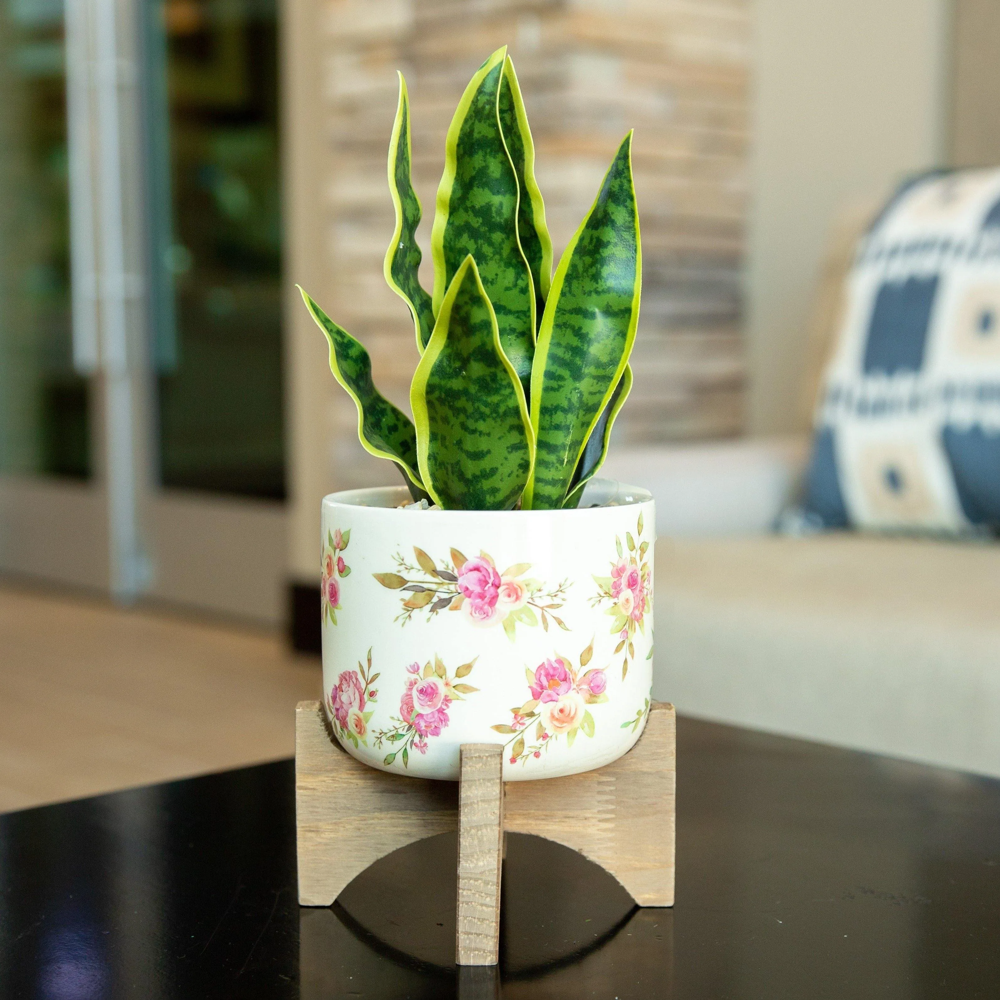 Artificial Snake Plant in Floral Ceramic on Wood Stand