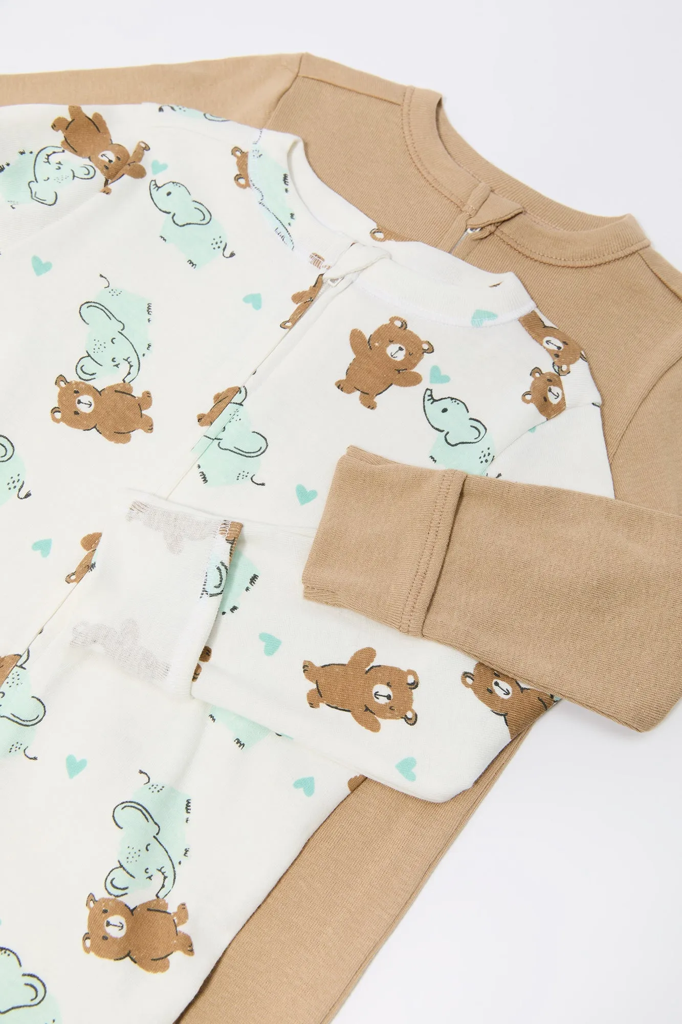 Baby Elephant Teddy Print Footed One Piece Pajama (2 Pack)