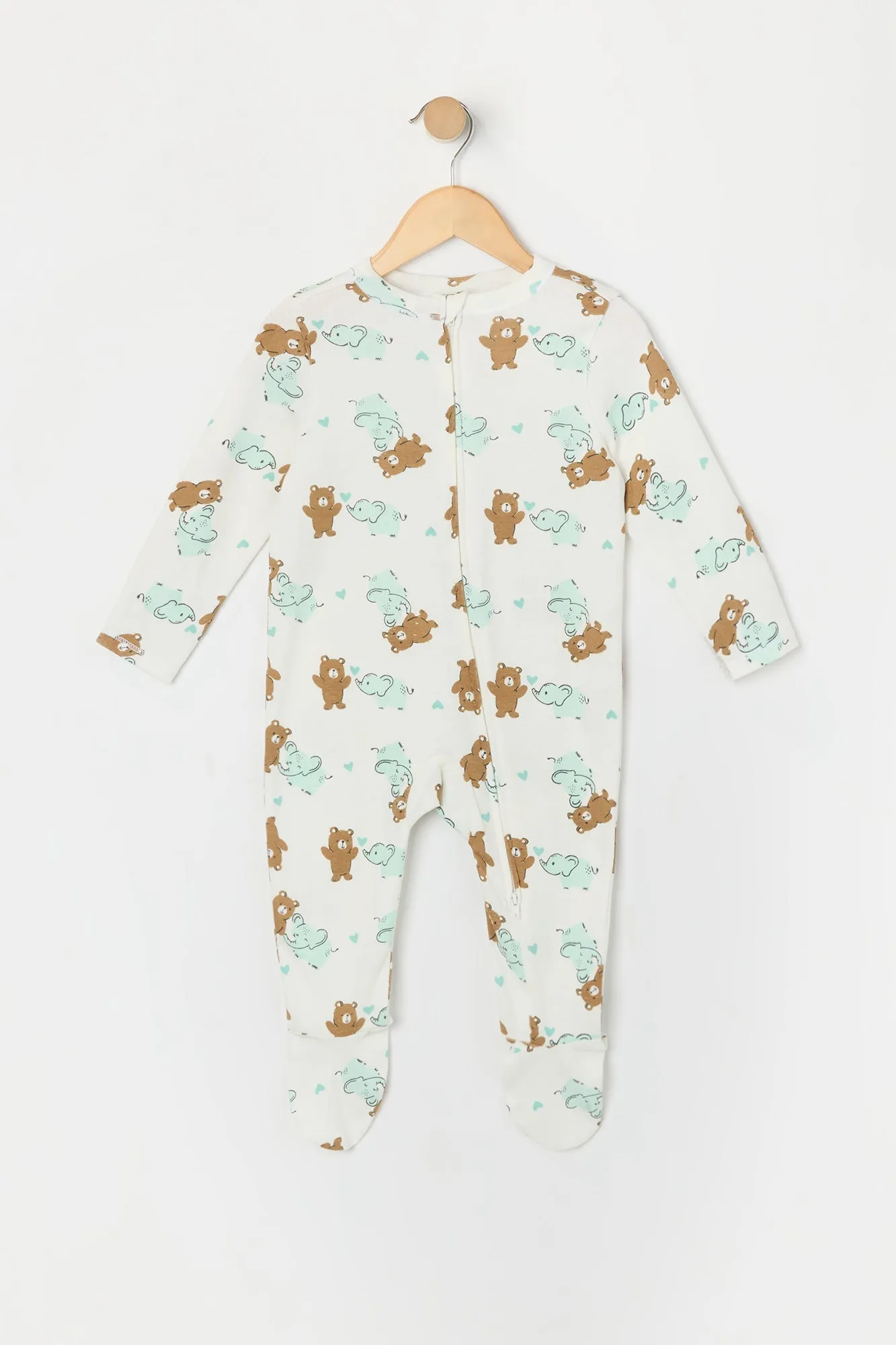 Baby Elephant Teddy Print Footed One Piece Pajama (2 Pack)