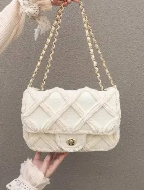 Beige Gold Trimmed Canvas Flap Bag