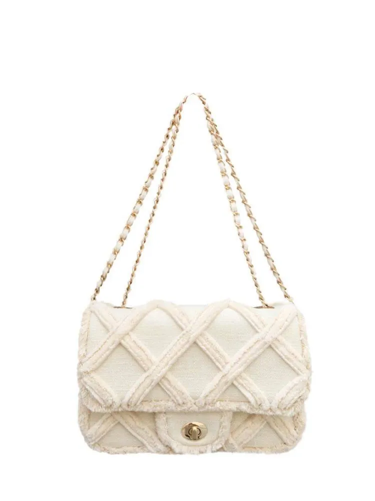 Beige Gold Trimmed Canvas Flap Bag