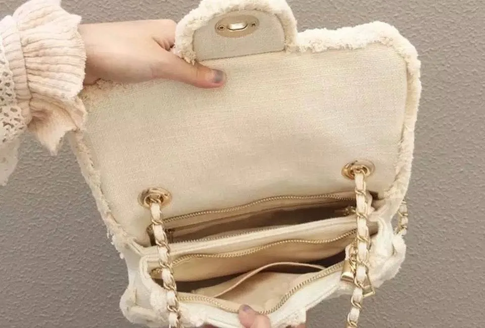 Beige Gold Trimmed Canvas Flap Bag