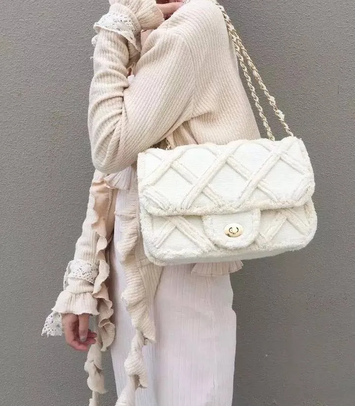 Beige Gold Trimmed Canvas Flap Bag