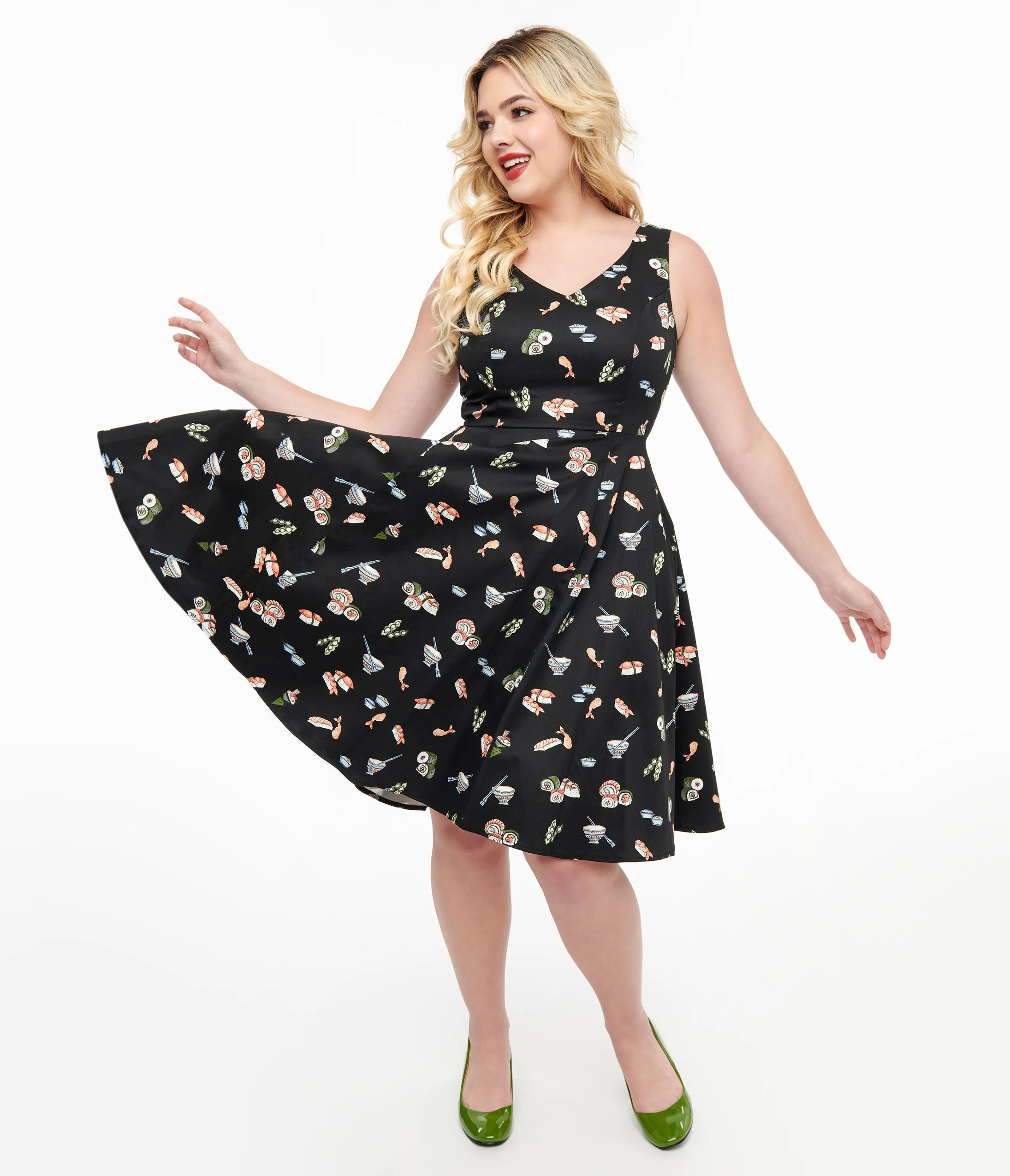 Black & Sushi Print Cotton Swing Dress