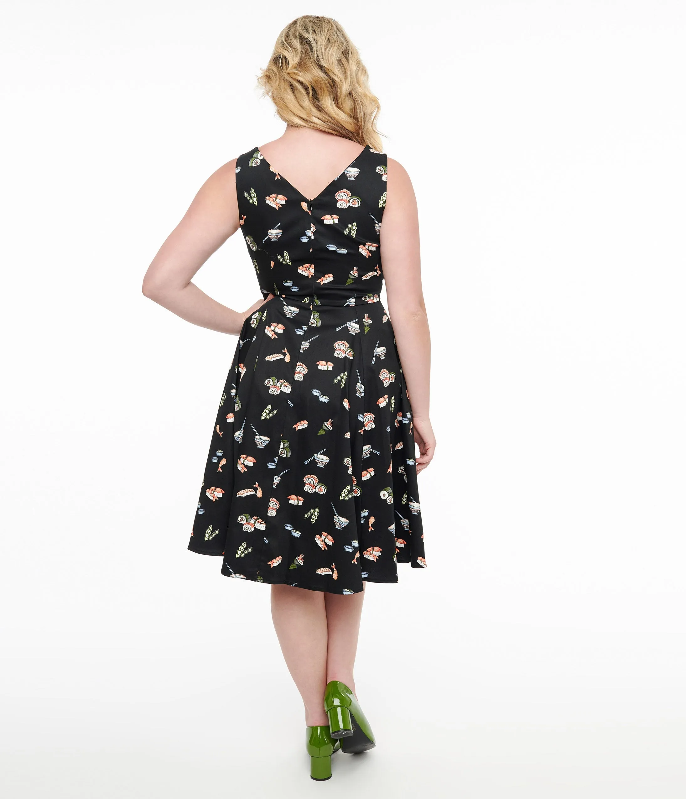 Black & Sushi Print Cotton Swing Dress