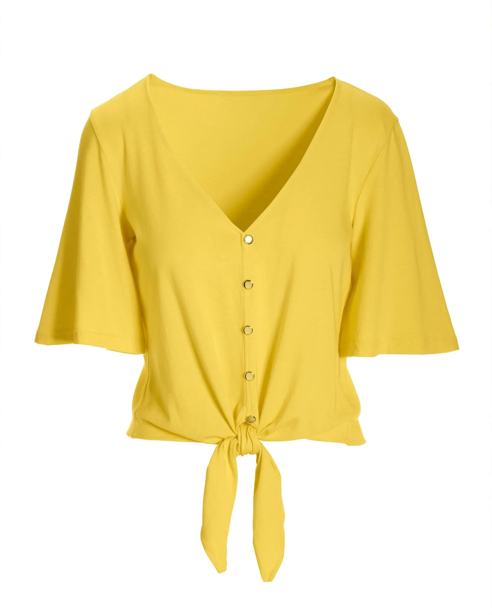 Button Front Tie Front Tee Lemon Drop