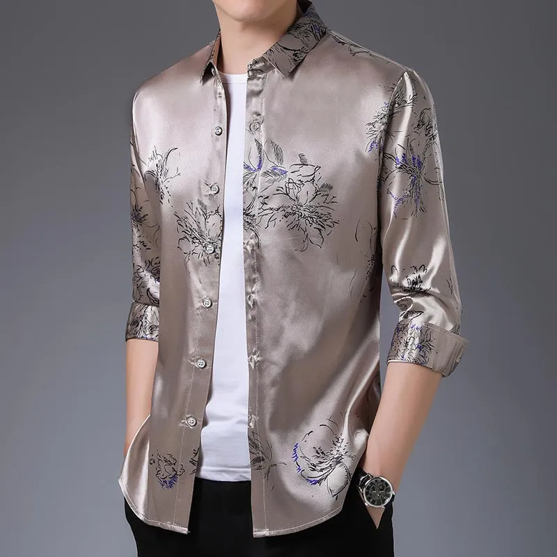 Casual Streetwear Floral Printed Slim Fit Long Sleeve Shirt for Men