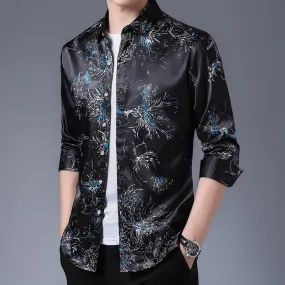 Casual Streetwear Floral Printed Slim Fit Long Sleeve Shirt for Men