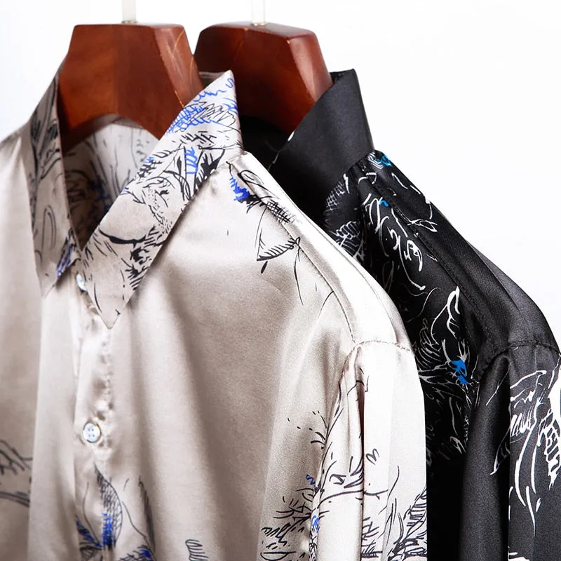 Casual Streetwear Floral Printed Slim Fit Long Sleeve Shirt for Men