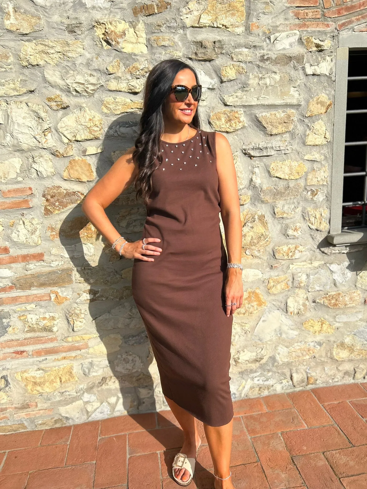 Chocolate Sleeveless Cotton Embellished Dress Isabella