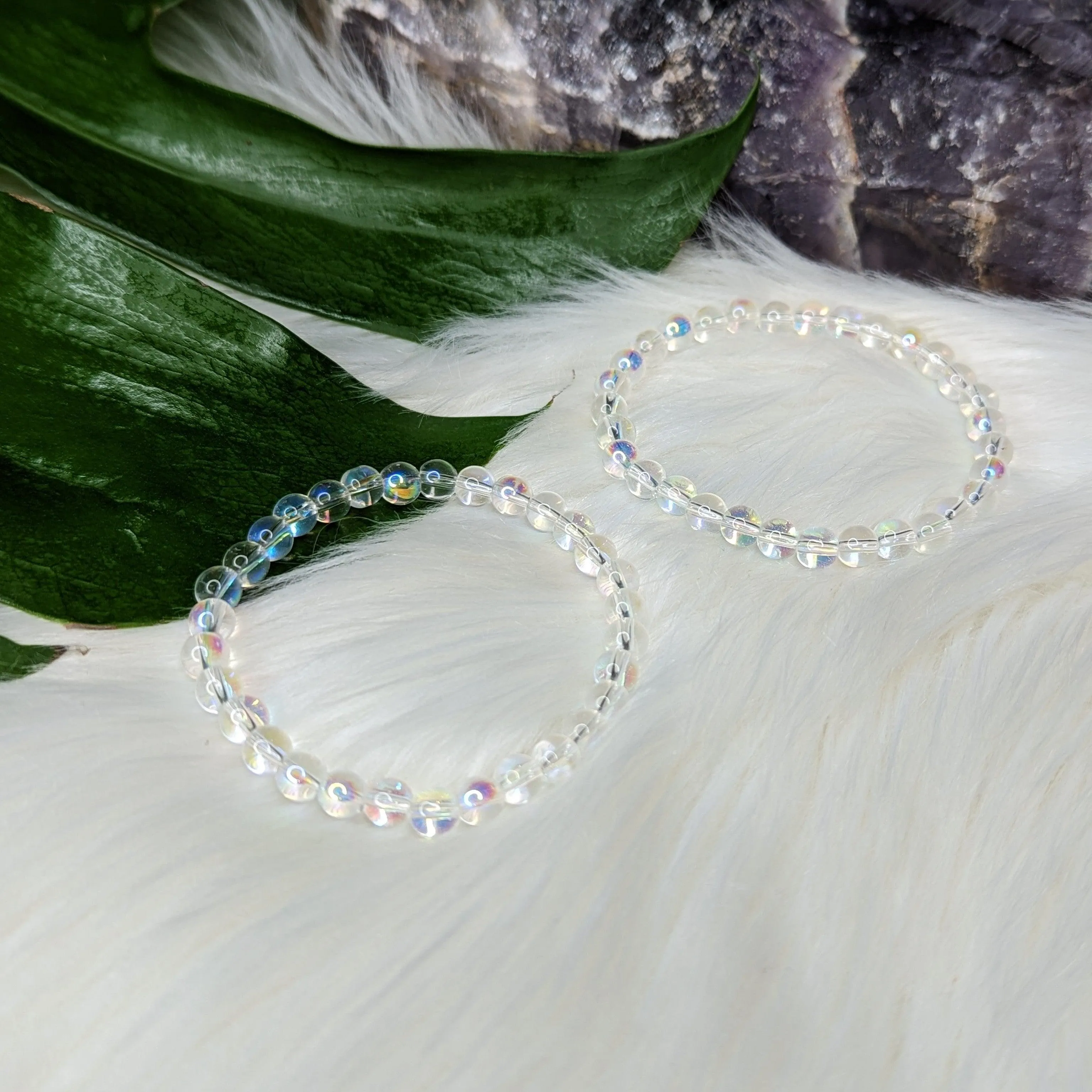 Clear Flash Mermaid Glass Stretch Bracelet ~ Rainbow Iridescent Glow