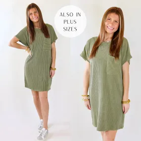 Coffee and Carefree Ribbed Short Sleeve Dress with Front Pocket in Olive Green