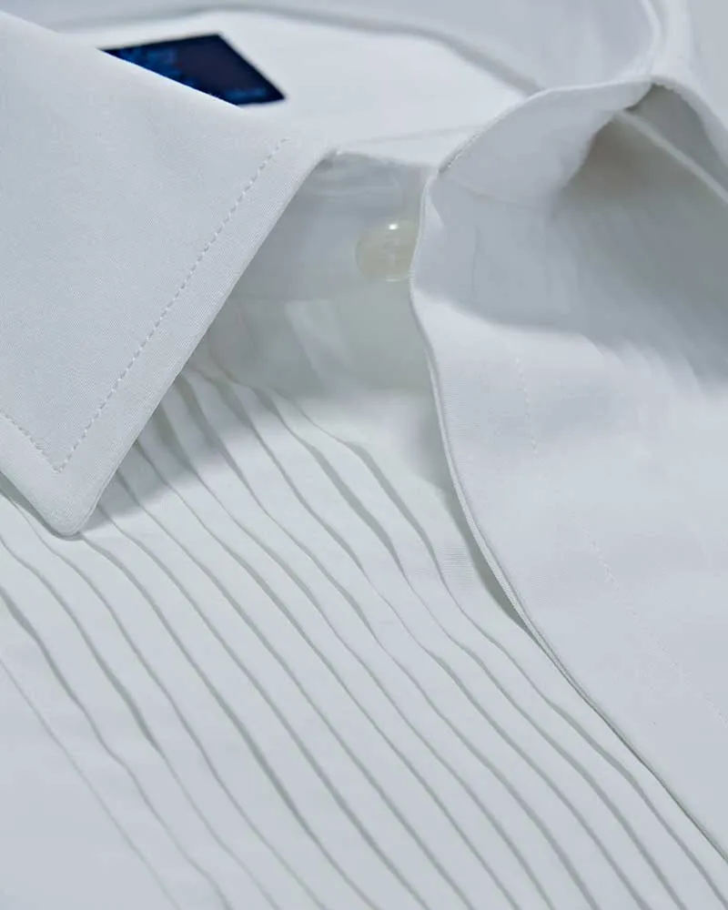 Contemporary Fit, Classic Collar, Double Cuff White Poplin Cotton Shirt with a Narrow Pleated Front