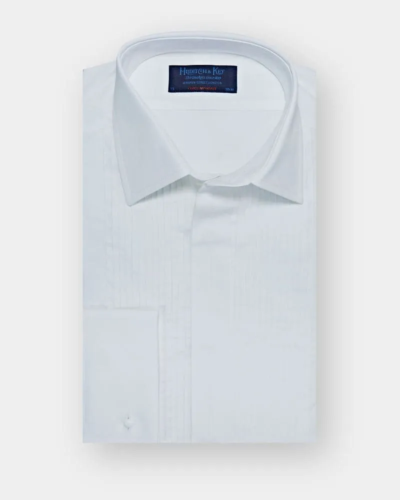 Contemporary Fit, Classic Collar, Double Cuff White Poplin Cotton Shirt with a Narrow Pleated Front