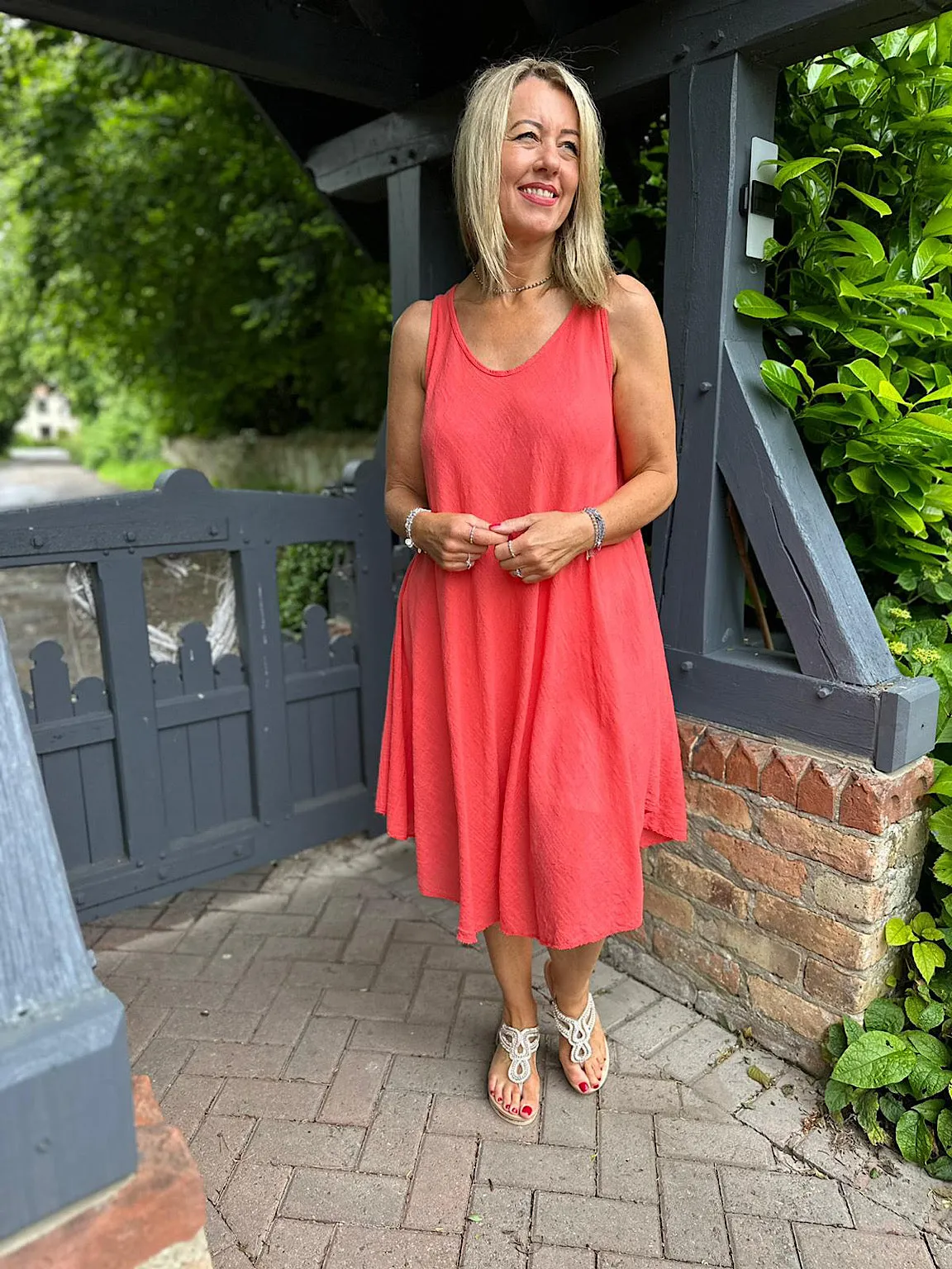 Coral Cotton Scoop Neck Dress Joy