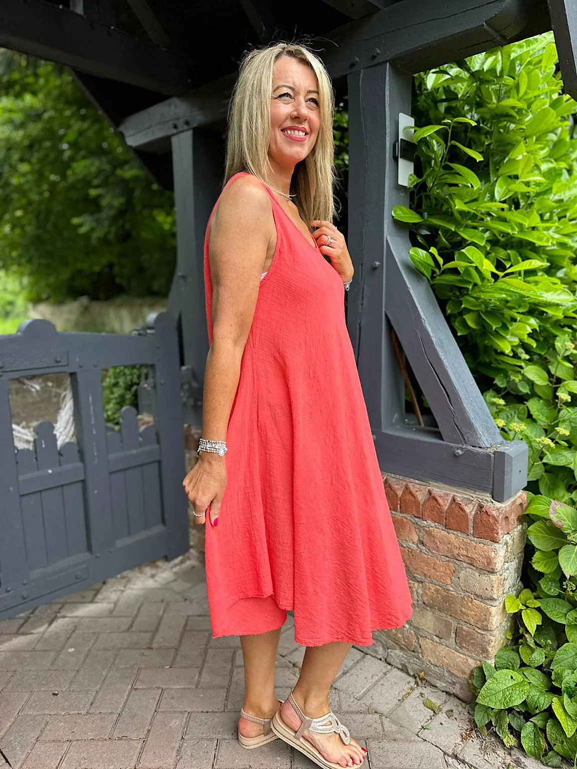 Coral Cotton Scoop Neck Dress Joy