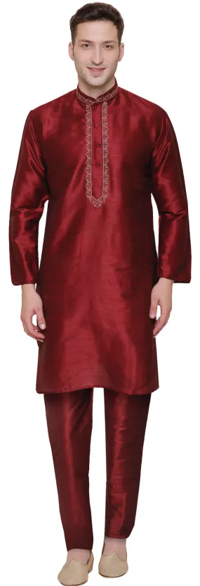 Dupion Silk Mens Kurta Pajama Party Wear India Clothing (Maroon)