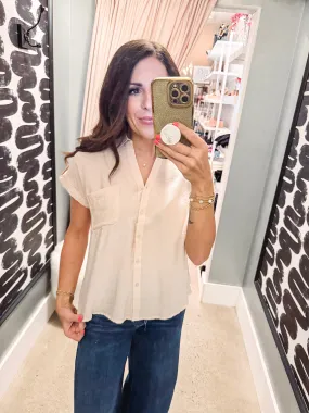 Eden Button Front Top with Short Tab Sleeves-- Khaki