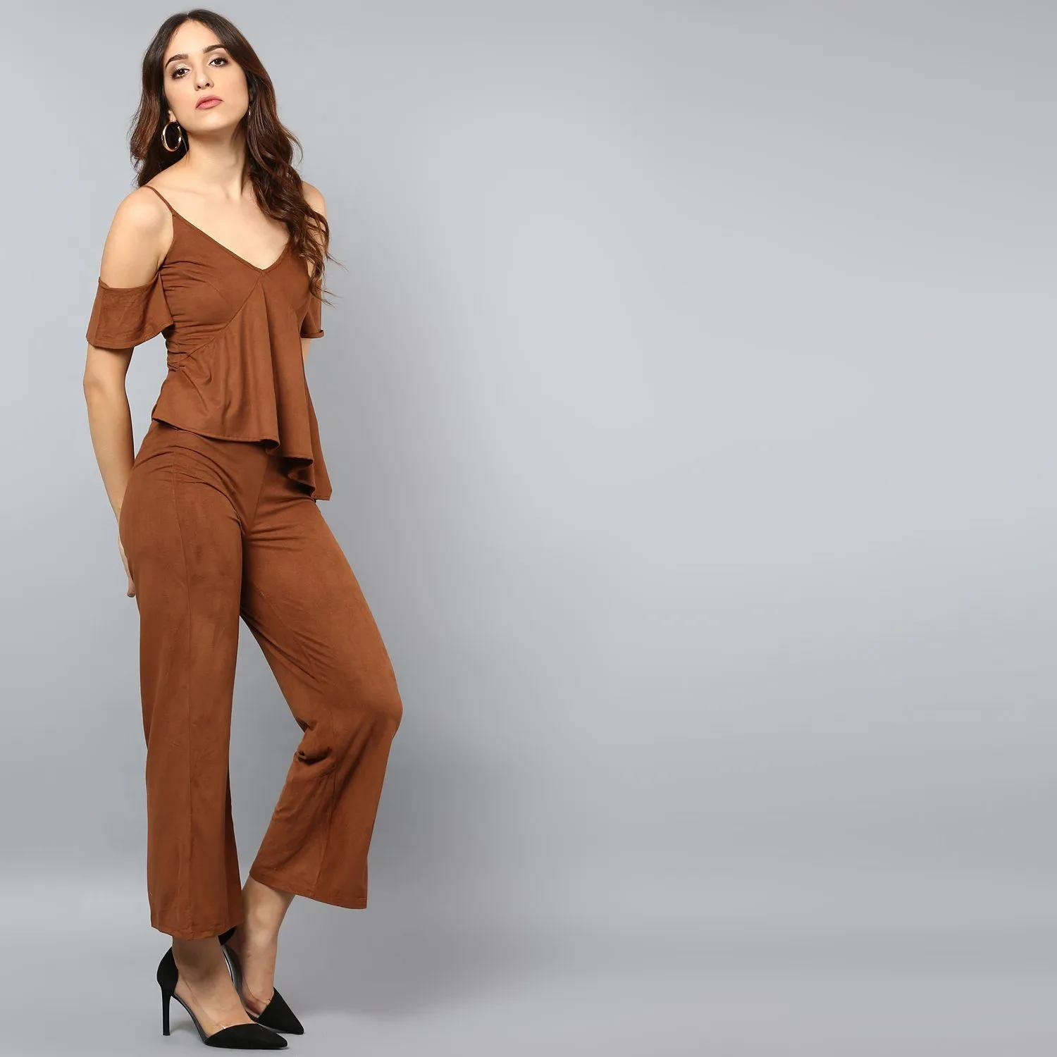 Faux Suede Jumpsuit with Front Frill Detail