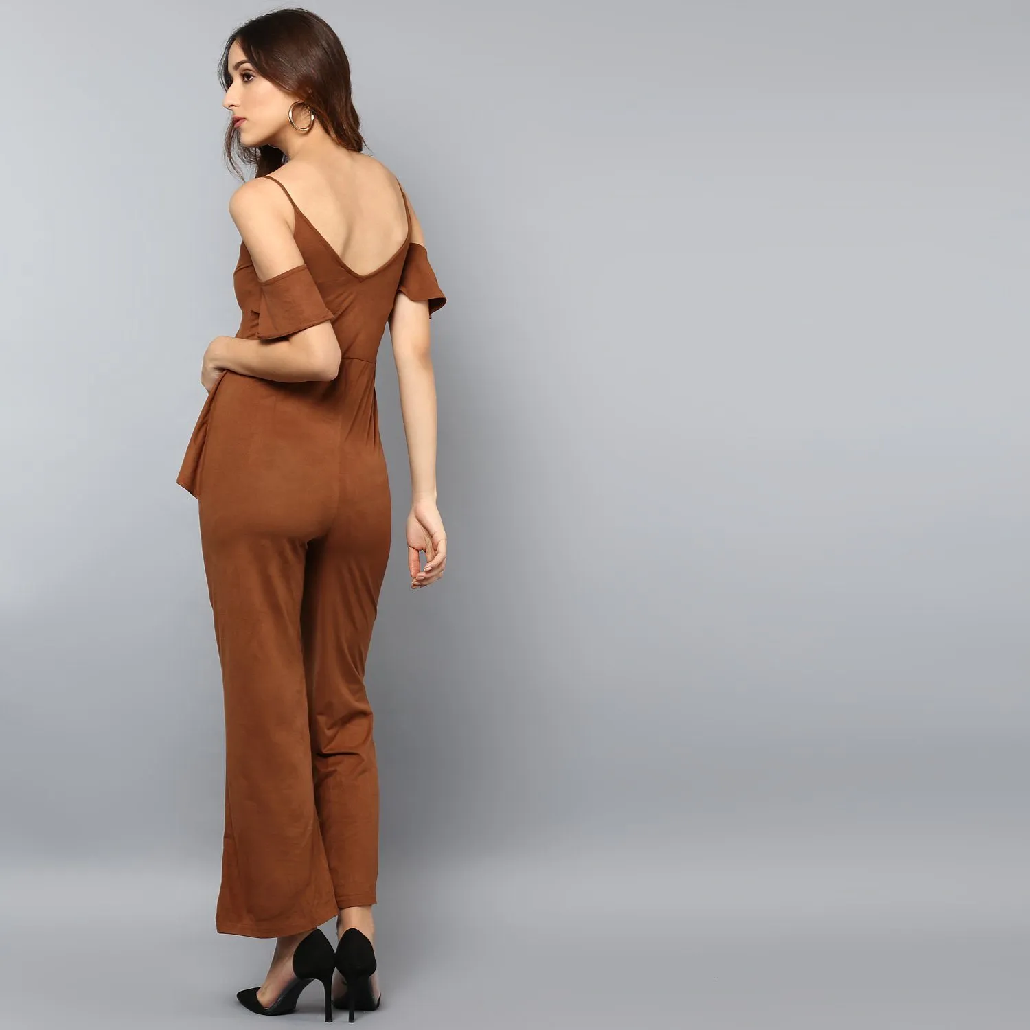 Faux Suede Jumpsuit with Front Frill Detail